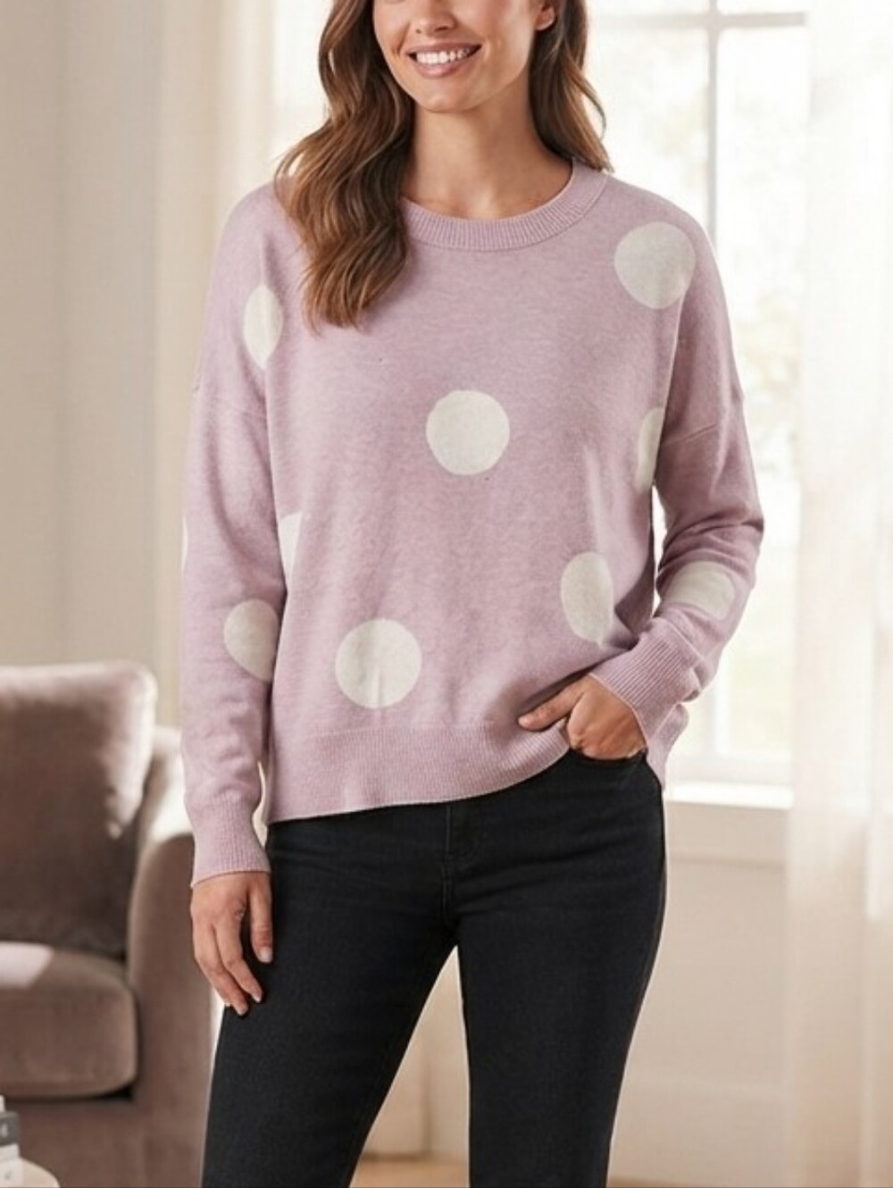 Tahari Dusty Pink Polka Dot Crewneck Sweater XL Soft Lightweight Knit